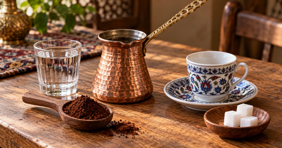 مواد لازم برای تهیه یک فنجان قهوه ترک